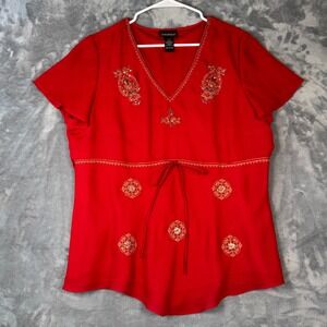 Lane Bryant Red Embroidered Sequin VNeck Empire Waist Blouse Top Plus Size 14/16
